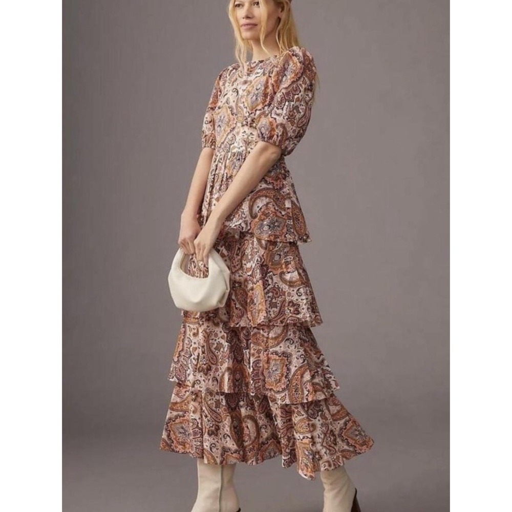 Anthropologie Kachel Tiered Ruffle Paisley Maxi Dress Womens Size L Boho 0305